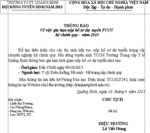 THONG BAO GIA HAN HO SO TUYEN SINH TCCN 2013 dot 3